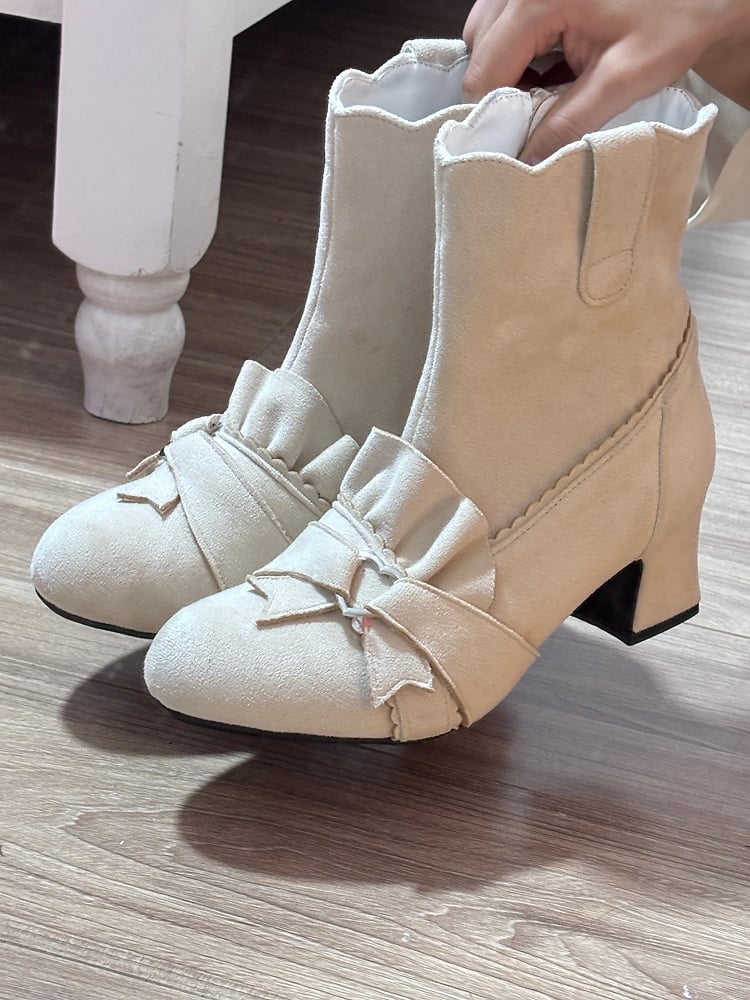 Beige Knotted Bow Accent Zip Closure at Sides Ankle Boots