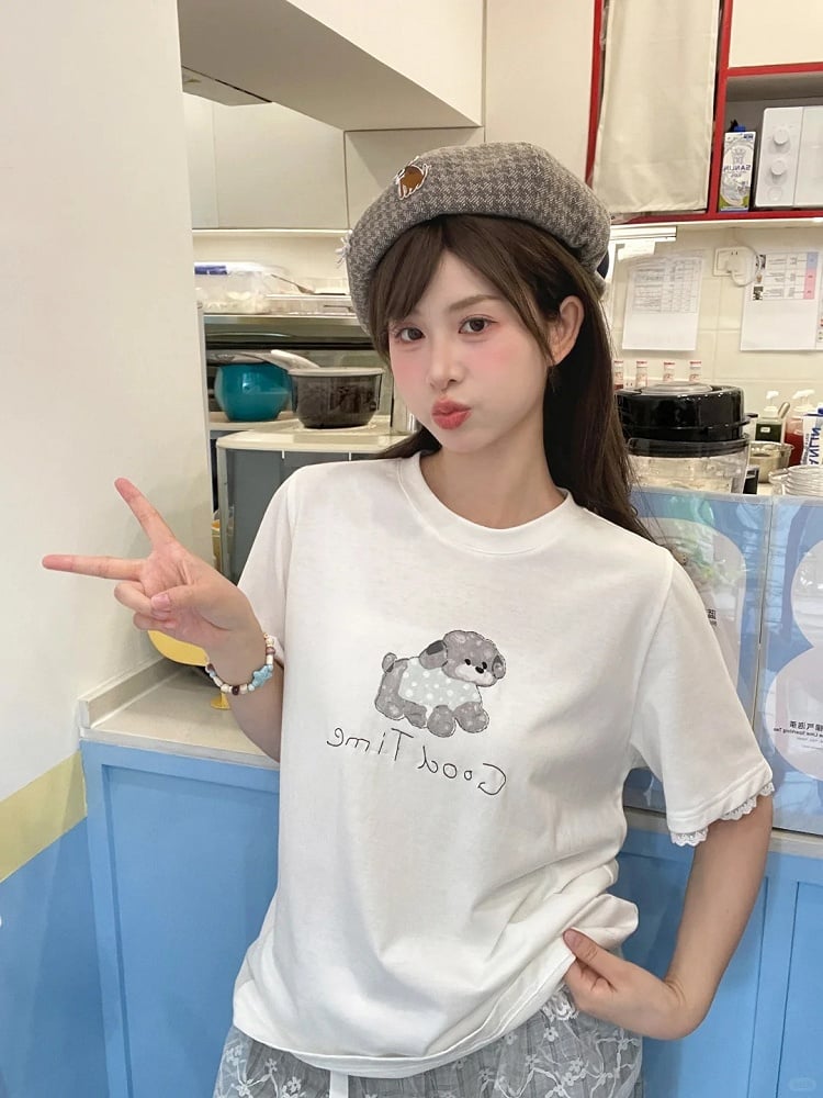 Adorable Puppy Print White Round Neck Loose T-shirt