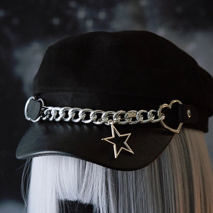 Black Gothic Star Charm Heart Buckle Design Beret Hat With Chain