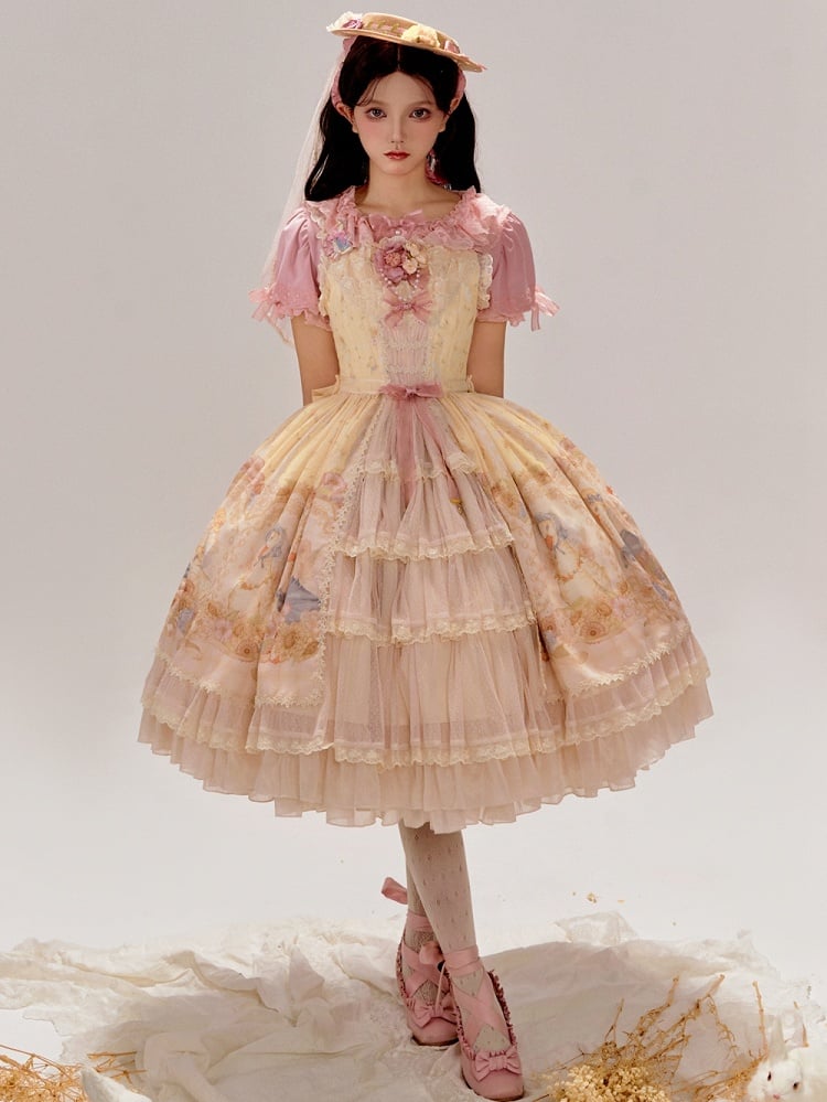 Clearance-Size XL for Bust 96-106CM Farm Ducks and Sunflowers Print Yellow Sweet Lolita Jumper Skirt