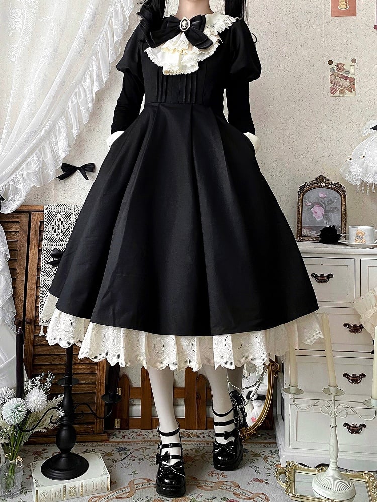 Black and Beige Juliette Sleeves Lolita Dress + Maid Apron Set