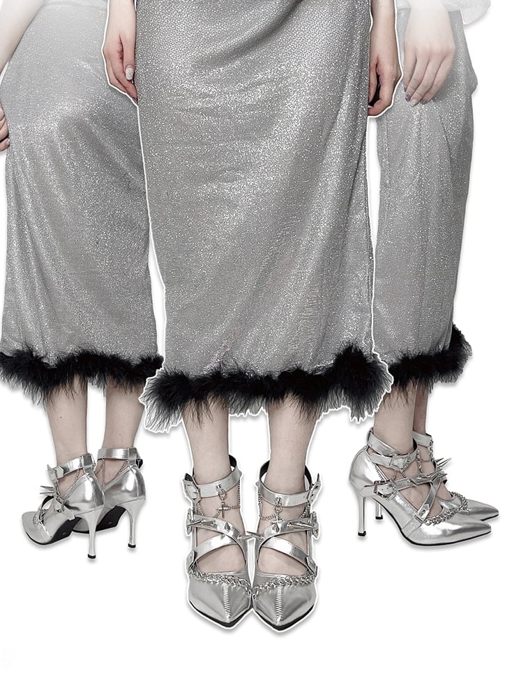 Spike Studs Coffin-shaped Buckles Silver Gothic Punk Stiletto Heels with Chains