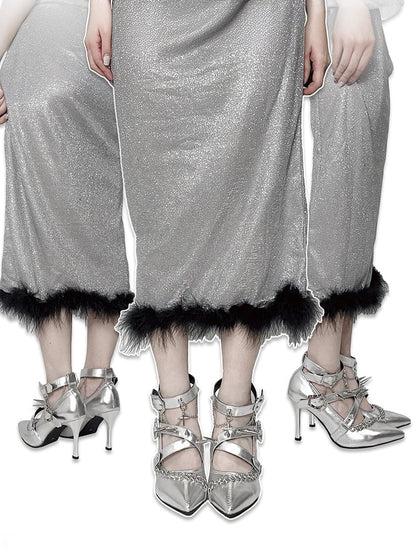 Spike Studs Coffin-shaped Buckles Silver Gothic Punk Stiletto Heels with Chains