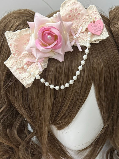 Beige&Pink Beaded Charm Floral Design Bowknot Hairclip