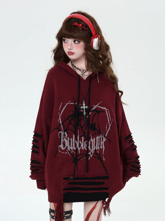 Wine Red Gothic Spiderweb Distressed Holes Hooded Sweater