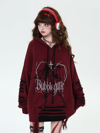 Wine Red Gothic Spiderweb Distressed Holes Hooded Sweater