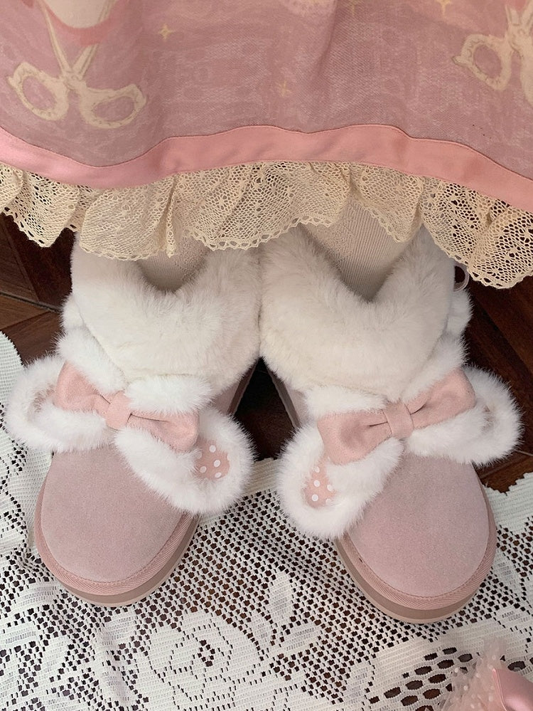 Pink Sweet Lolita Winter Platform Boots - Plush Polka Dot Rabbit Ears, Cozy Lining & Self-Tie Pompom Straps