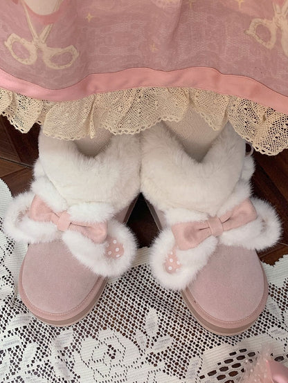Pink Sweet Lolita Winter Platform Boots - Plush Polka Dot Rabbit Ears, Cozy Lining & Self-Tie Pompom Straps