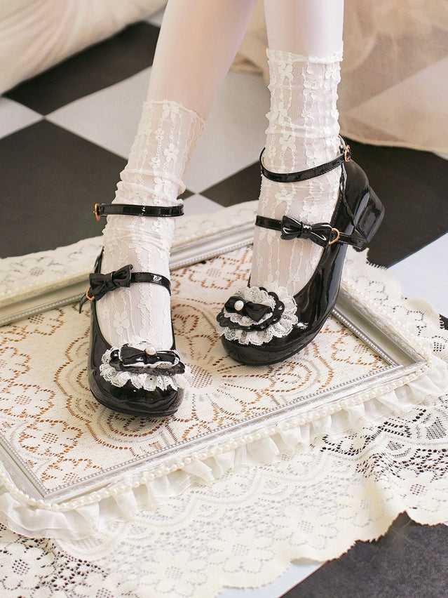 Black Bow at Top Lace Trim Heart Buckles Round Toe Lolita Shoes