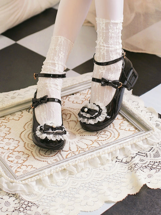 Black Bow at Top Lace Trim Heart Buckles Round Toe Lolita Shoes