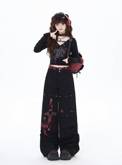 Black and Red Plaid Studs Detail Wide-Leg Pants