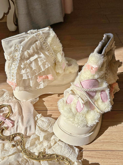 Creamy Yellow Plush Kitty Claw Crisscross Design Platform Ankle Boots