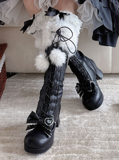 Sweet Black Lolita Boots - PU Heeled Design with Plush Collar, Bow Details & Pompom Accents