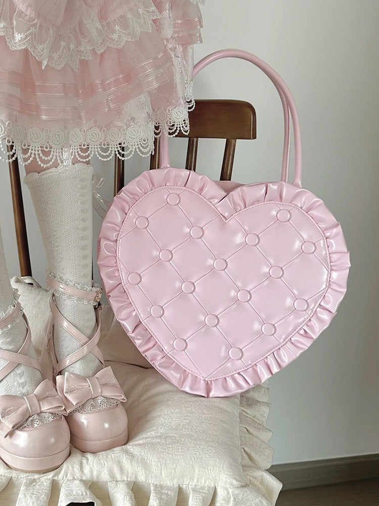 Pink Ruffle Trim Quilted Heart Bag – Elegant Lolita Style Handheld Purse