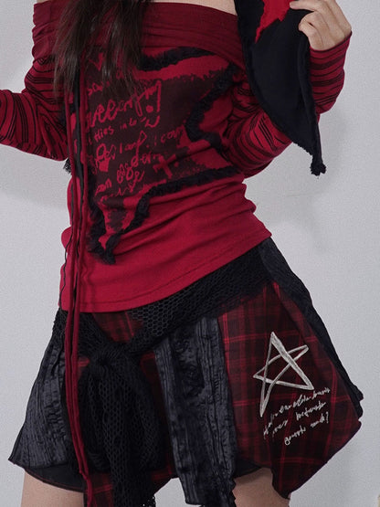 Black and Red Plaid Punk Asymmetrical Skirt