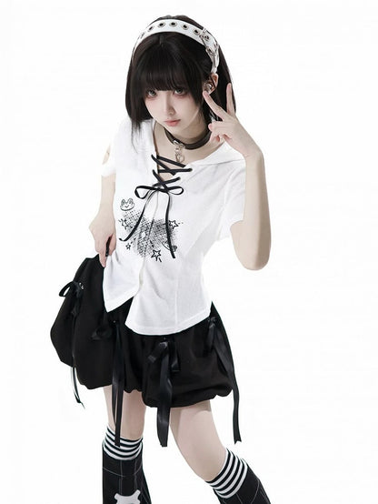 Black Elastic Waist Bubble Skirt with Bowknot Brooches