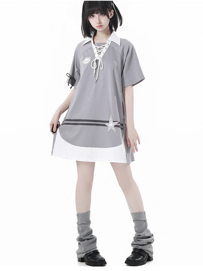 Gray Lace-up Neckline Bunny and Star Applique Loose Dress