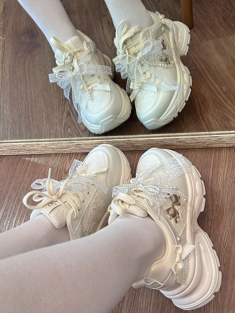 White Beaded Decorated Bowknot Details Front Lace-up Ties Sneakers