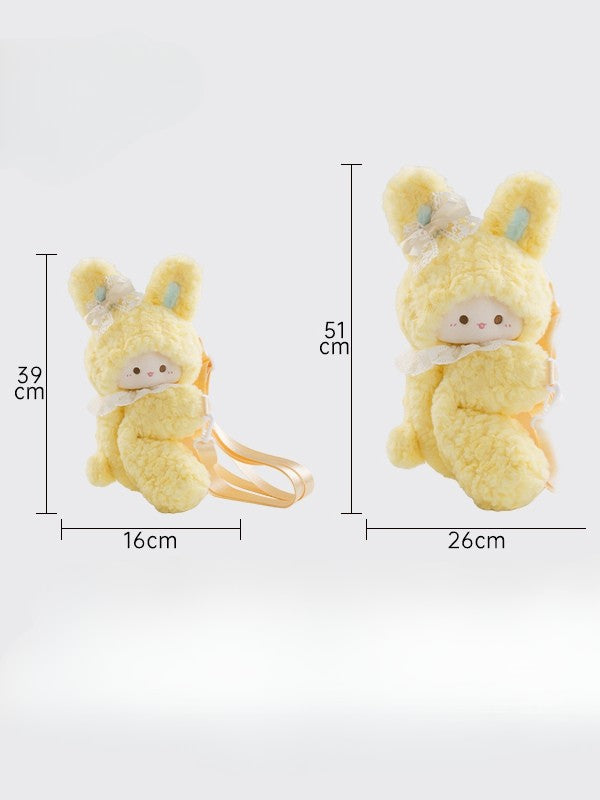 Yellow Rabbit-shaped Bowknot Plush Backpack + 3 Options Keychain Middle/Large Size