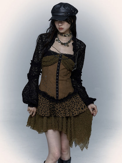 Studs Design Gothic Punk Brown Dropped Waist Asymmetrical Leopard Dress