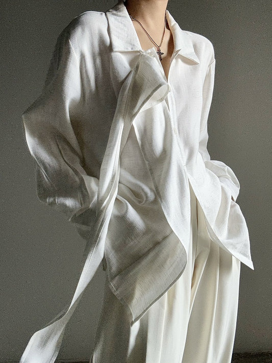 Ouji Lolita Light Apricot Retro Loose Fit Shirt with Long Draping Ribbon