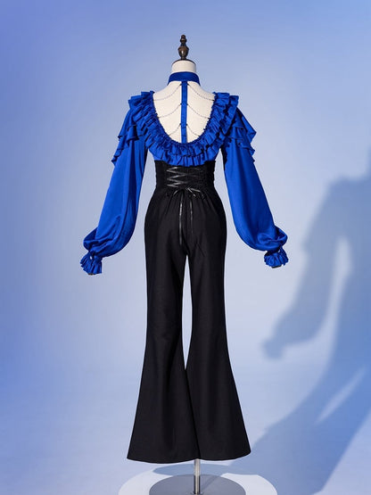 Black Corset Belt High Waist Lace Patched Flared Pants