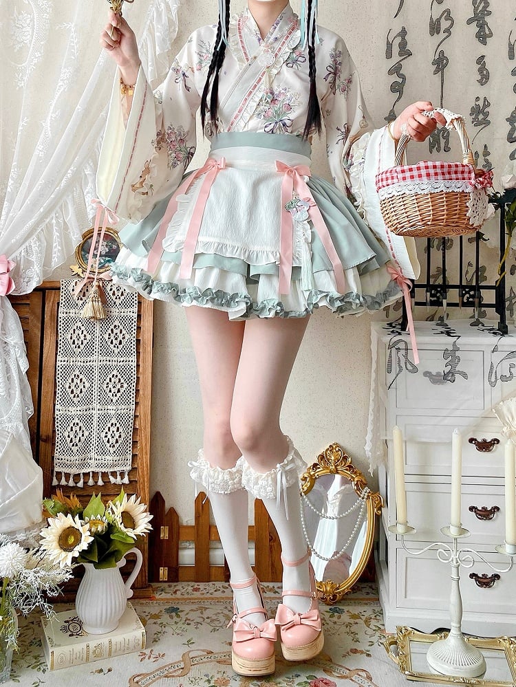 Light Green Herbal Medicine Crossover Neckline Top + Skirt Han Lolita Set