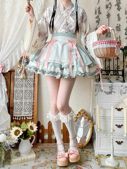 Light Green Herbal Medicine Crossover Neckline Top + Skirt Han Lolita Set