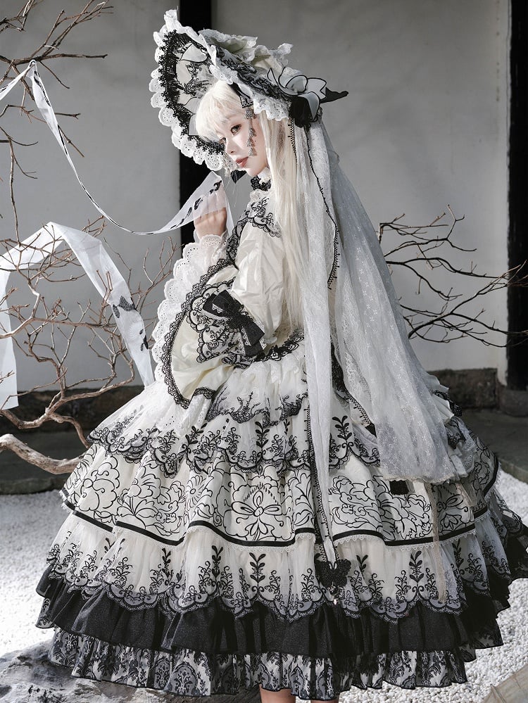 Shimmer Butterfly Fabric White and Black Chinoiserie Style Ink and Wash Lolita Dress Long Version