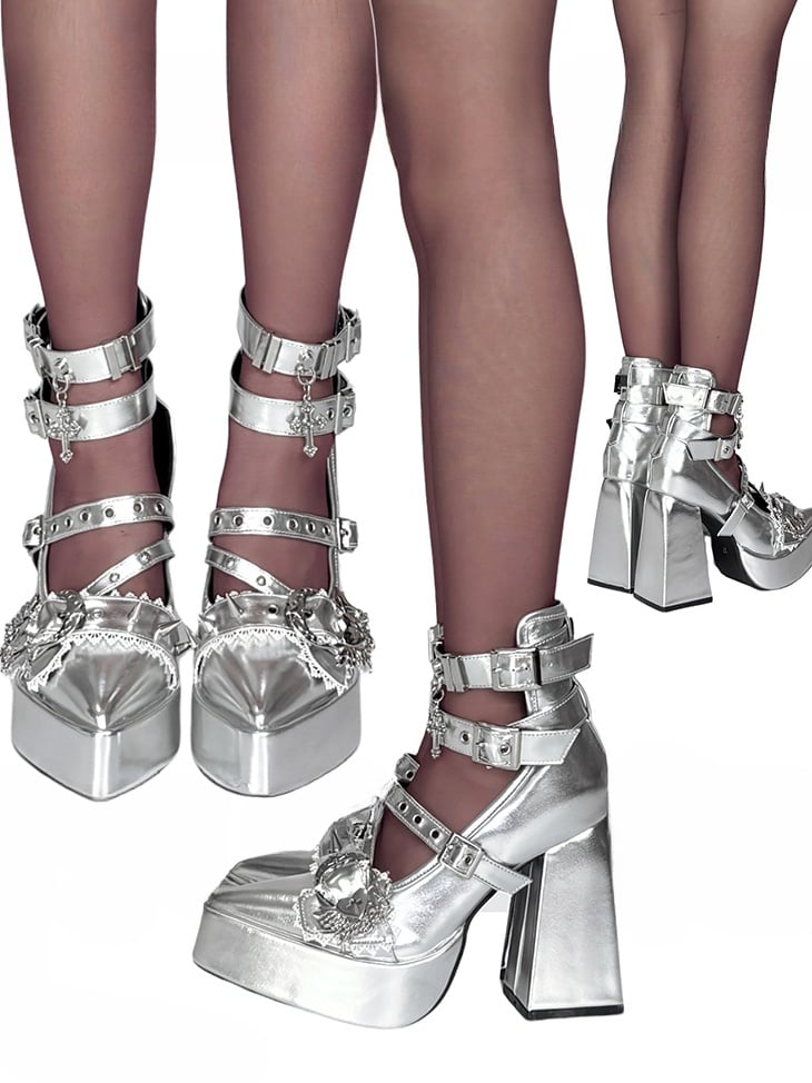 Clearance-Size 40 Gothic Silver Cross Heart Buckle Straps Stud Platform High Block Heels