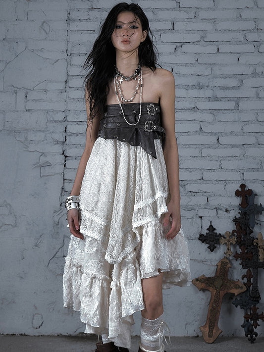 White Wasteland Punk Star Studs PU Waistline Asymmetrical Flounce Hem Skirt
