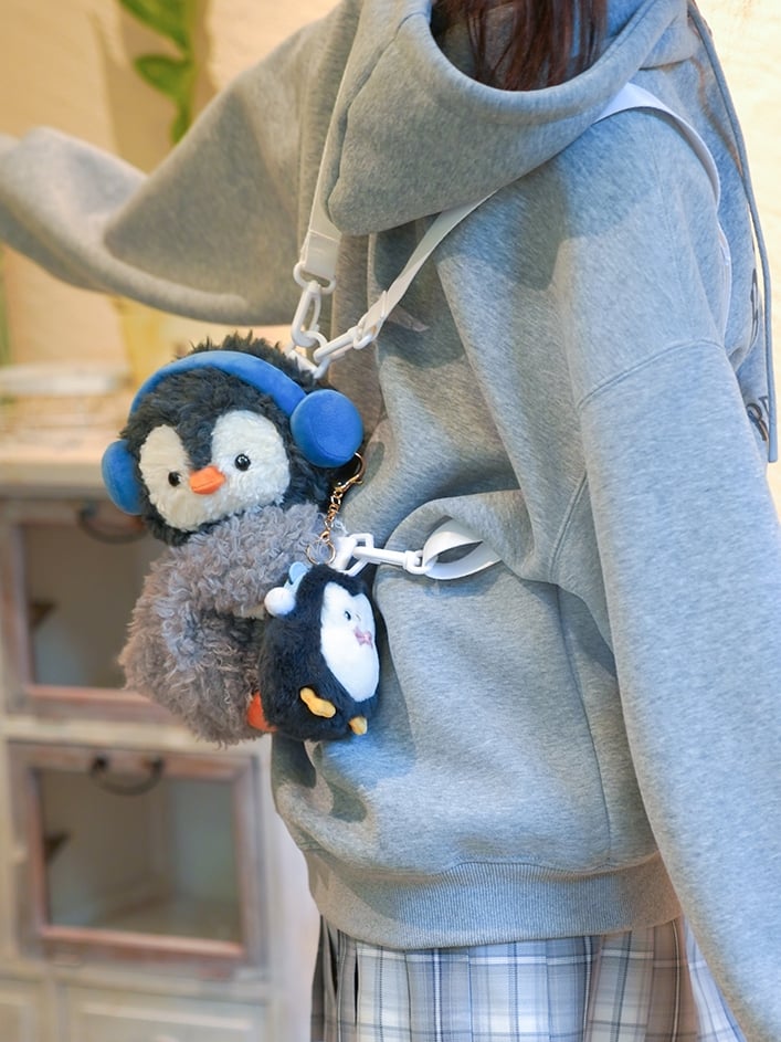Gray Cute Penguin Plush Backpack/Crossbody Bag + Keychain
