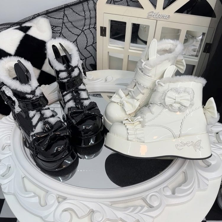 Black Bunny Ear Design Bow Accents Fleeced Lined Lolita Platform Ankle Boots