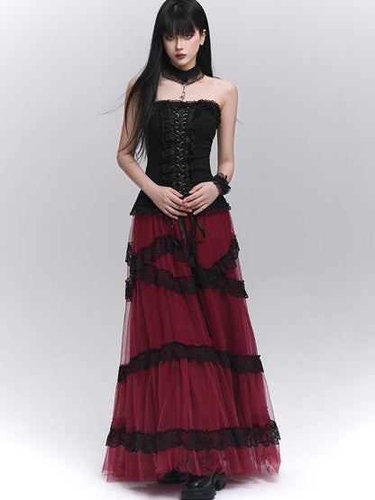Contrast Black Lace Trim Wine Red Floor Length Mesh Skirt