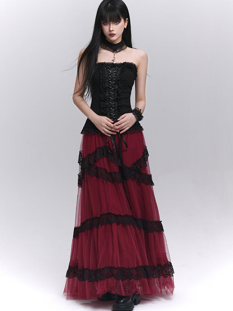 Black Lace-up Front Ruffled Lace Trim Halter Neck Glamorous Strapless Top