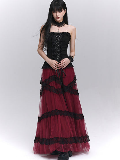 Black Lace-up Front Ruffled Lace Trim Halter Neck Glamorous Strapless Top