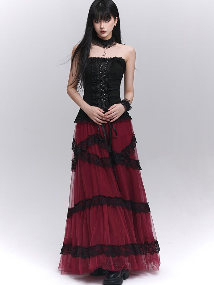 Contrast Black Lace Trim Wine Red Floor Length Mesh Skirt