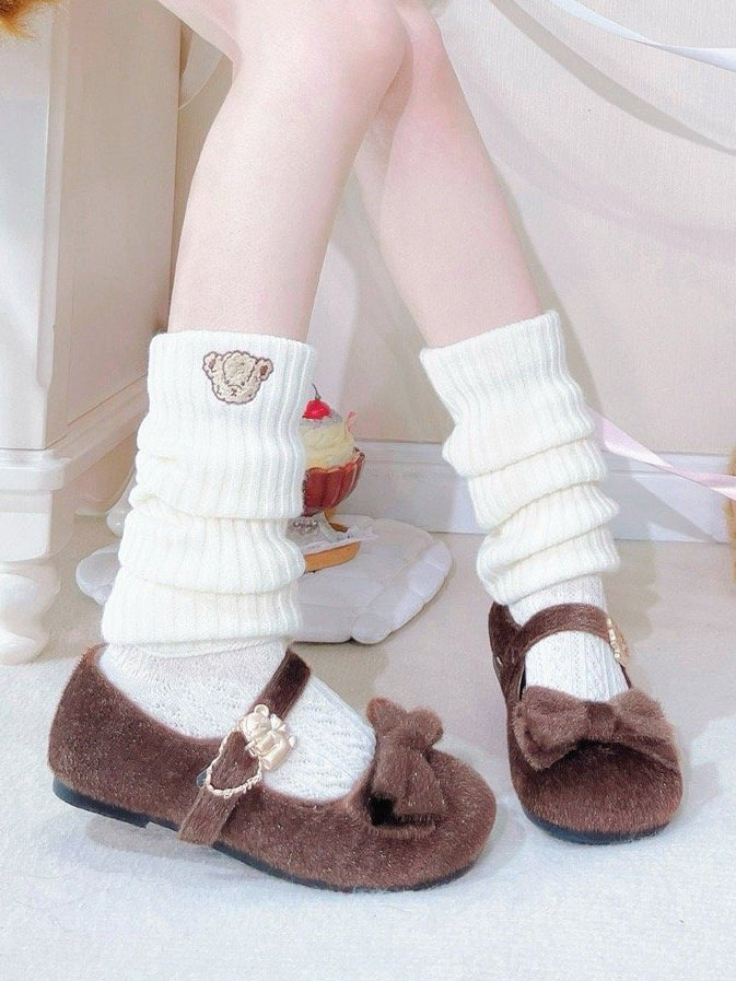 Brown Sweet Lolita Plush Shoes in Regular/Thicken Version - Delicate Bow Accents with Hugging Bear Heart Fasteners