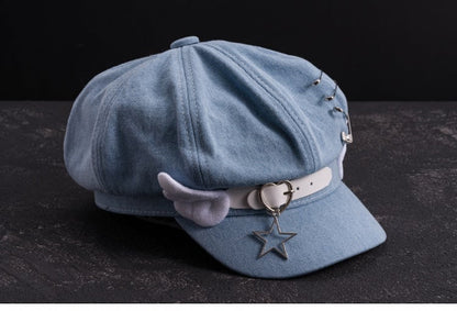Handmade Heart Buckle and Wings Light Blue Denim Hat