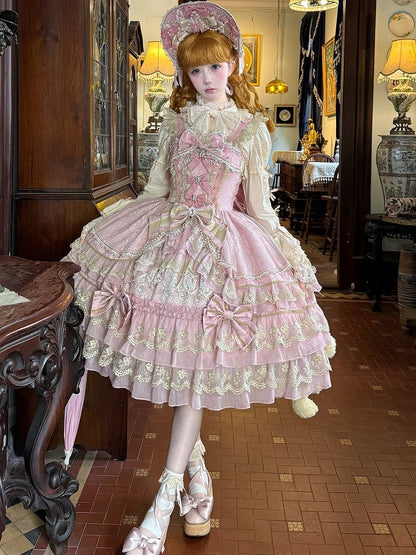 Pink Flower Bead Chain Bow Neckline Gorgeous Princess Lolita Dress