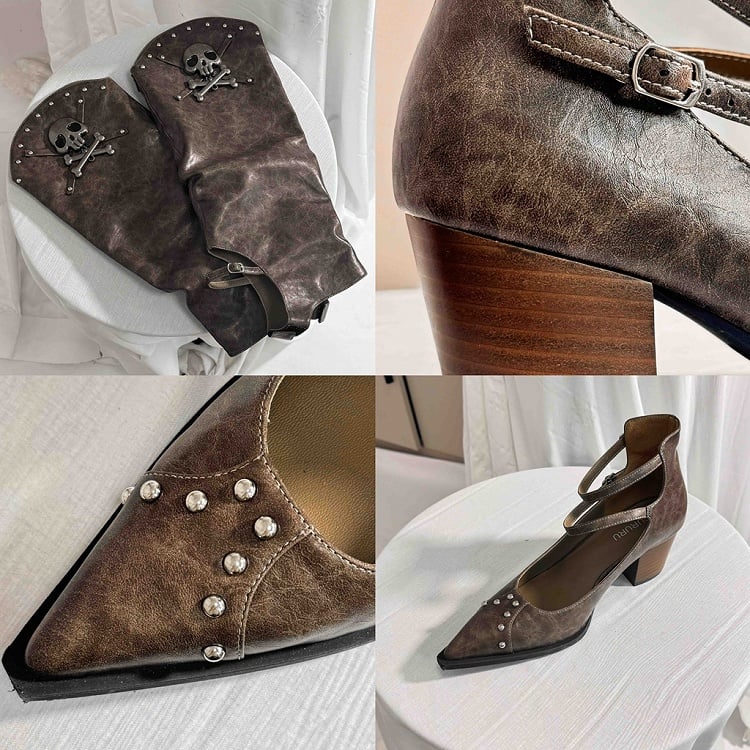 Brown Pointed Toe Gothic Block Heels with Skeleton Decorated Leg Warmers