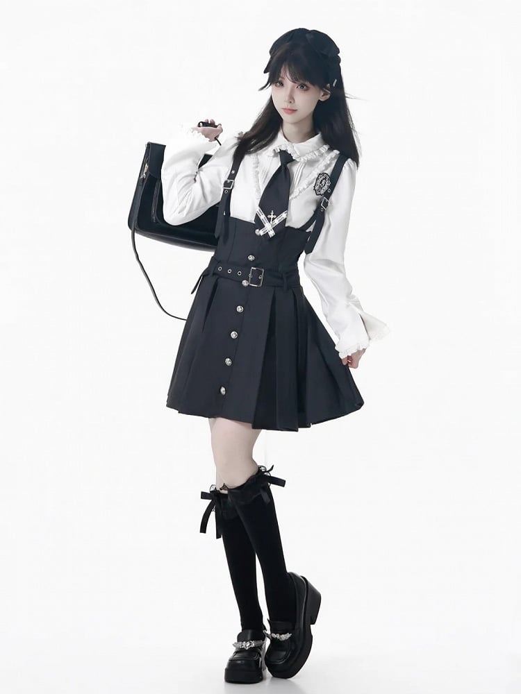 Black/Gray Adjustable Strap Box Pleat Overall Skirt with Belt