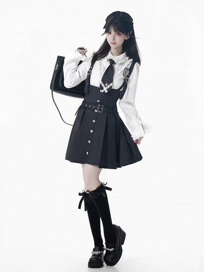 Black/Gray Adjustable Strap Box Pleat Overall Skirt with Belt