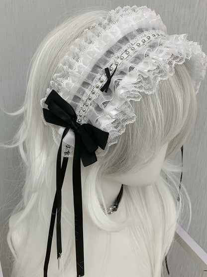Black/White Studs Decorated Bowknot Details Ruffled Hairband