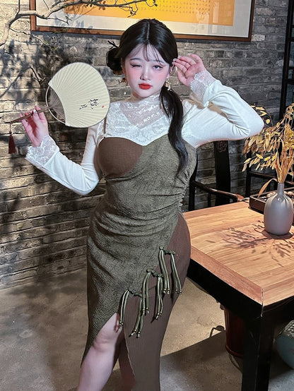 Plus Size Green and Brown Bamboos Slip Dress Thigh-high Slit