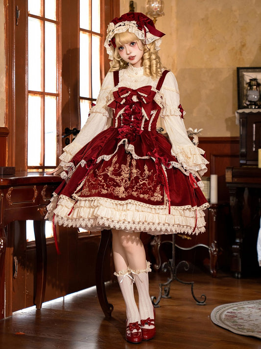 Bows Decoration Candle Embroidery Red Velvet Dress Lolita JSK / Set