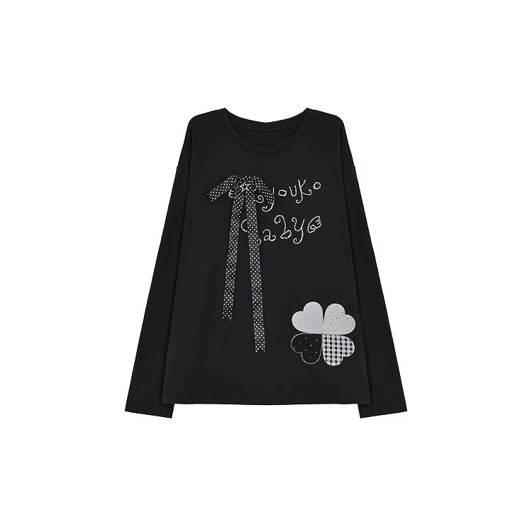 Black Top with Embroidered Clover Applique and Detachable Ribbon Bow with Rhinestone