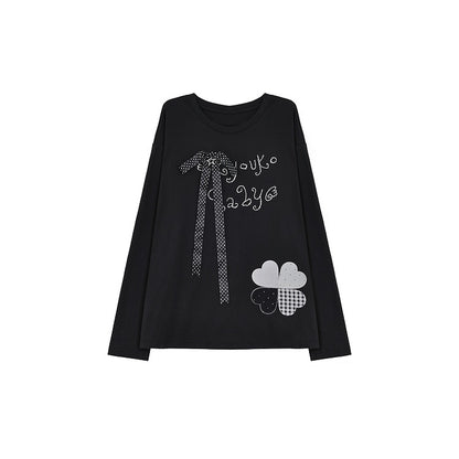 Black Top with Embroidered Clover Applique and Detachable Ribbon Bow with Rhinestone
