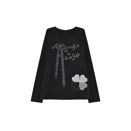 Black Top with Embroidered Clover Applique and Detachable Ribbon Bow with Rhinestone