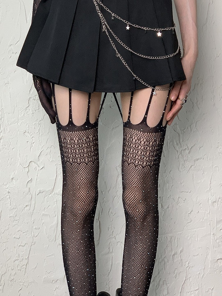 Black Y2K Rhinestone Fishnet Suspender Tights